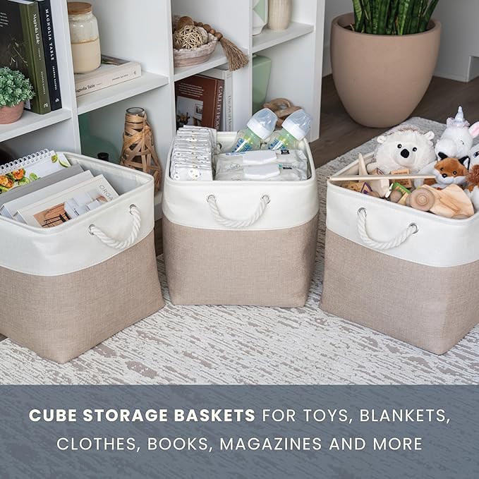 OrganiHaus 13x13 Cube Storage Bins 4 Pack, Foldable Cube Storage Organizer w/ Rope Handles, Collapsible Fabric Bins for Toys, Clothes & Closet Organization, Fabric Square Baskets - Beige/White-Ruum Studio Home