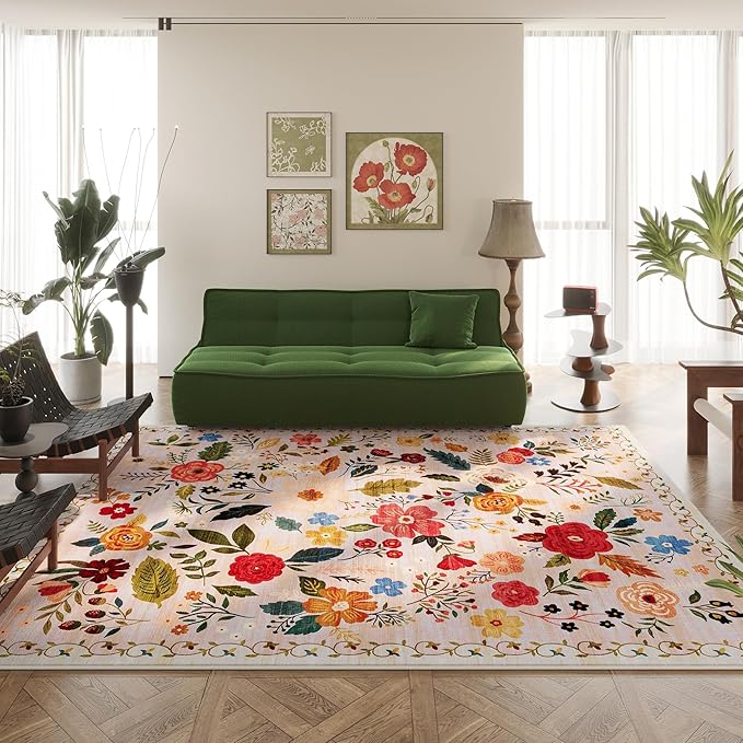 Area Rugs 9x12 Living Room Clearance Washable Boho Rug Non Slip Floral Vintage Low Pile Large Rug for Living Room, Bedroom, Farmhouse, Dining Room, Kids Playroom(Beige)-Ruum Studio Home