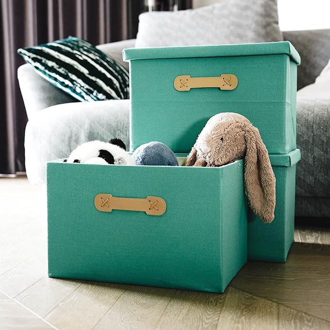 Enzk&Unity Decorative Storage Bins with Lids, Fabric Linen Foldable Storage Box with Handle Home Organizer for Shelf, Closet, Bedroom, Living Room, Office, 3 Packs, Teal-Ruum Studio Home