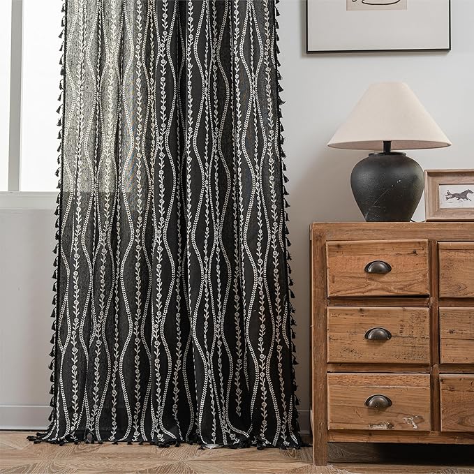 Sutuo Home Boho Curtains 84 Inches Long for Bedroom Living Room Nursery, Bohemian Vintage Tassels Window Treatment Drape for Halloween Decorations Rod Pocket, 1 Panel 59"W x 84"L,Black Stripe Floral-Ruum Studio Home