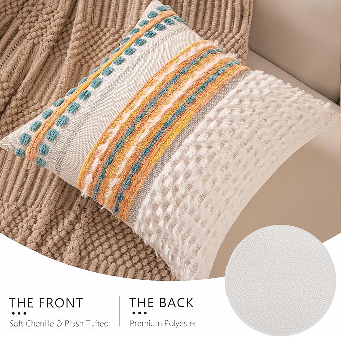 Boho Chenille Tufted Couch Throw Pillow Covers 18x18 Inch Set of 2 Farmhouse Striped Decorative Pillow Covers Accent Neutral Pillowcase Yellow Teal Cushion Cover for Living Room Sofa Bed-Ruum Studio Home