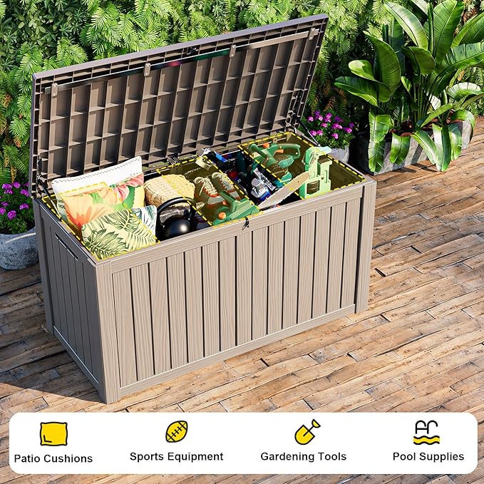 150 Gallon Deck Box Large Outdoor Storage for Patio Furniture,Outdoor Cushions,Garden Tools and Pool Supplies,Waterproof,Resin,Lockable(Grey)-Ruum Studio Home