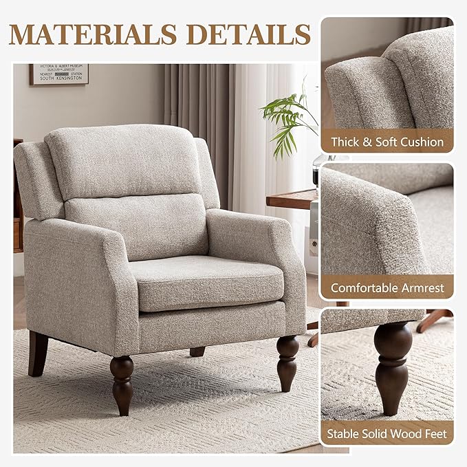 Kidol & Shellder Oatmeal Oversized Accent Chair for Living Room Set of 2 Modern Reading Chair with Back Wide Upholstered Comfy Single Sofa Chair Bedroom Lounge Side Corner Boucle Fabric Armchair-Ruum Studio Home