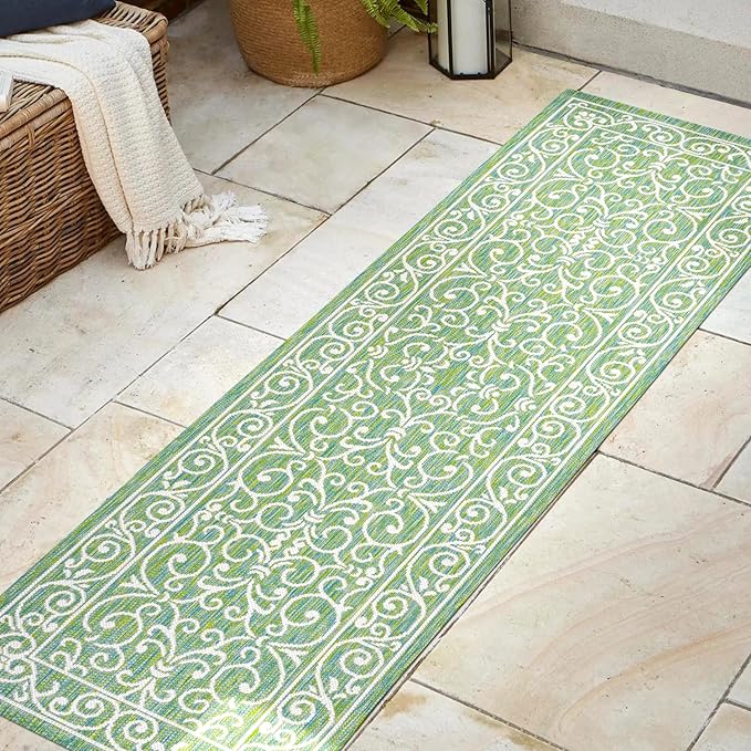 JONATHAN Y Vintage Filigree Indoor Outdoor Runner Rug 2X8 Green/Ivory, Charleston Textured Weave for Backyard, Patio, Porch, Easy-Cleaning, High Traffic, Pet-Friendly, Non-Shedding (SMB106K-28)-Ruum Studio Home