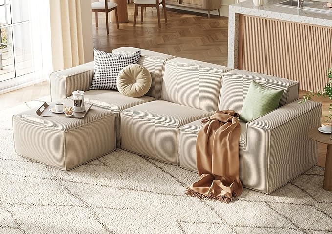 LINSY HOME Modular Sectional Sofa, 105" Boneless Couch L Shaped 3-Seat Sofa with Movable Ottoman, Corduroy Sectional Cloud Couches for Living Room, No Assembly Required, Beige-Ruum Studio Home