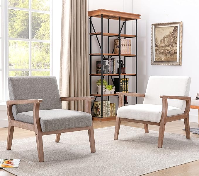 Mid Century Modern Accent Chair Set of 2, Linen Upholstered Living Room Accent Armchair with Wood Frame, Farmhouse Chair for Living Room Bedroom, Ivory-Ruum Studio Home