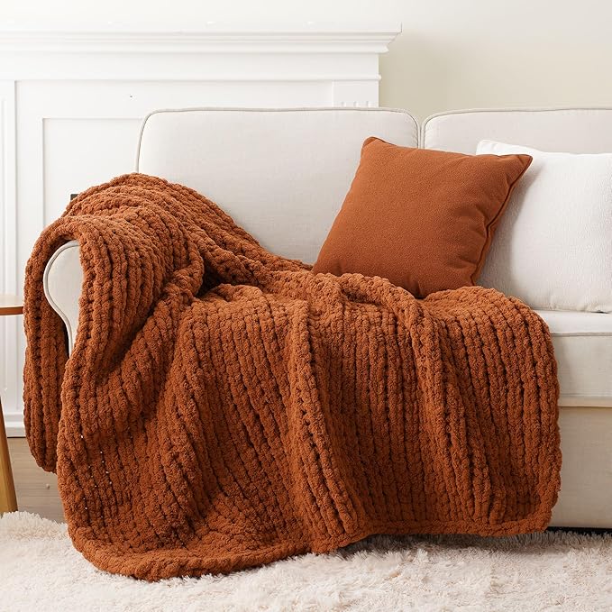 Battilo Chunky Knit Throw Blanket, Soft and Thick Chenille Throw Blanket, 50"x60" Handmade Cable Knit Crochet Blanket, Large Rope Knot Throw Blankets for Couch Sofa Bed Home Decor, Caramel-Ruum Studio Home