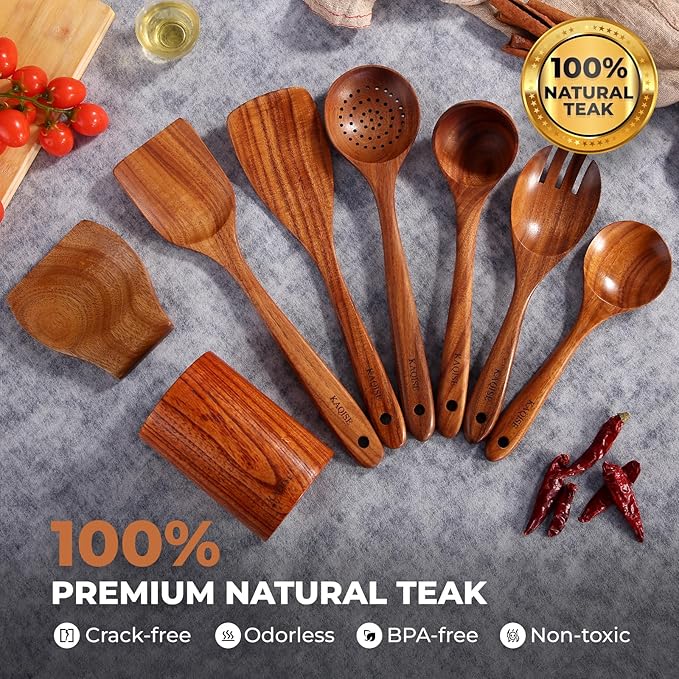 Wooden Spoons for Cooking, Kitchen Utensils Set, Wood Spatulas Soup Ladle Serving Spoons Teak Wooden Utensil Set（8 Pieces ）