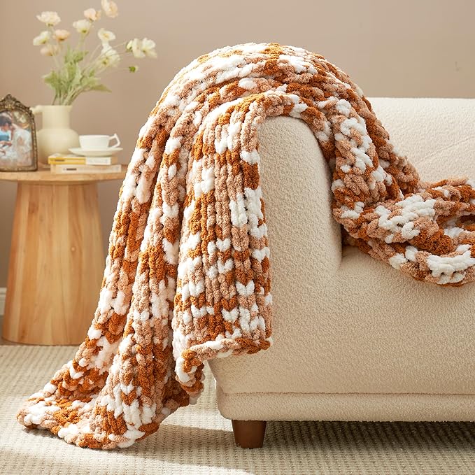 Amélie Home Chunky Knit Throw Blanket for Couch, Soft Chenille Crochet Blanket for Sofa, 50"x60", Space-Dyed Burnt Orange-Ruum Studio Home