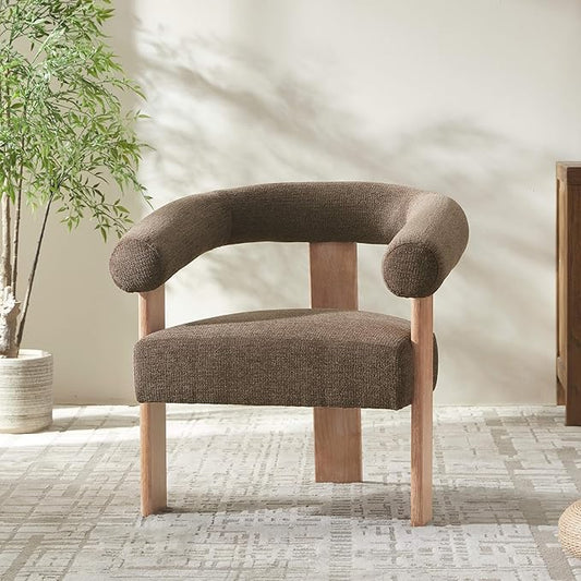 VKNOW Accent Chair Living Room Chair, Modern Upholstered Armchair with Solid Wood Legs, Comfy Barrel Arm Chairs for Living Room Bedroom, Brown-Ruum Studio Home