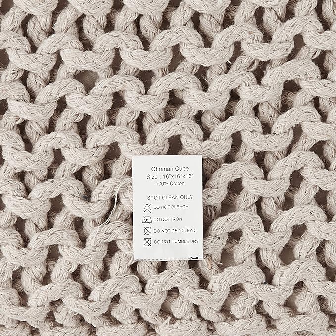 REDEARTH Square Pouf Ottoman Foot Stool - Hand Knitted Bean Bag - Cord Boho Pouffe - Accent Poof for Living Room - Nursery - Bedroom - Kids Bedroom - Patio - 100% Cotton (16" x 16" x 16") - Ivory-Ruum Studio Home