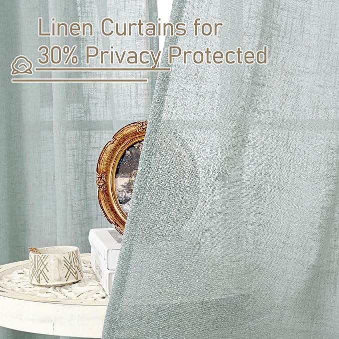 LAMIT Greyish Blue Linen Sheer Curtains 84 inch for Bedroom, Linen Textured Light Filtering Drapes Bronze Grommet Boho Panels for Farmhouse/Living Room, 2 Panels, 52 x 84 Inch-Ruum Studio Home