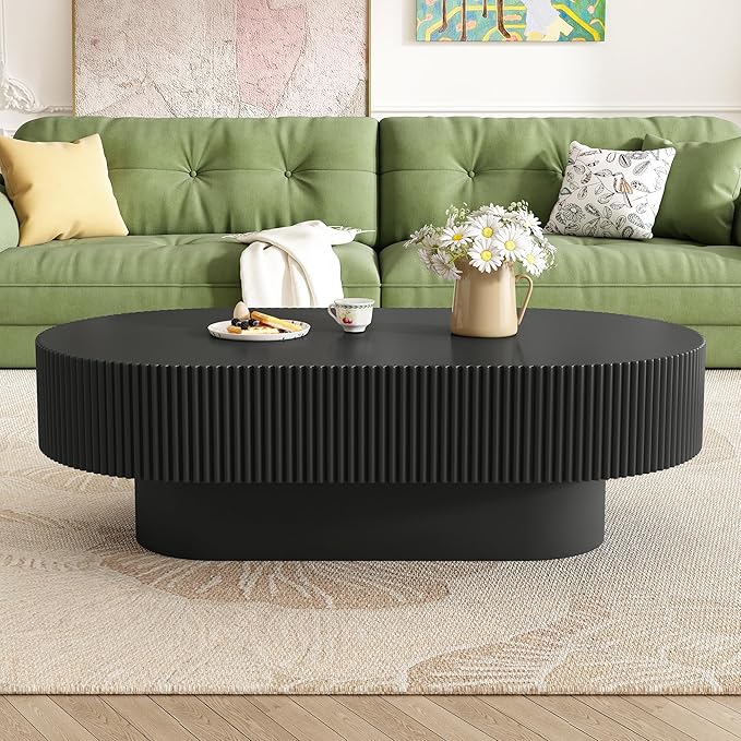 43.3" Oval Fluted Coffee Table Modern Elegant Drum End Table, Minimalist Center Table 7.8" Thick Tabletop with Sturdy Base for Living Room, Bedroom, Apartment,Easy Assembly, Black-Ruum Studio Home