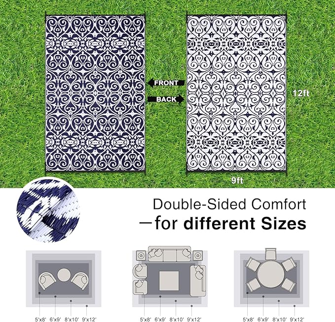 OLANLY Outdoor Rug Waterproof 9x12 ft Clearance, Reversible Outdoor Plastic Straw Rug with Floral Pattern, RV Mat for Patio, Camping, Balcony, Deck, Backyard, Navy & White-Ruum Studio Home