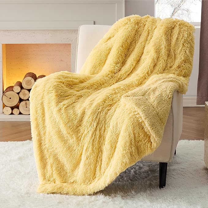 Bedsure GentleSoft Fuzzy Sherpa Faux Fur Twin Blanket Yellow Cozy Gifts for Women Men, Soft Fleece Plush Warm Thick Blanket Twin Size for Bed, Couch, Room Dorm Essentials Yellow Decor Gifts, 60x80-Ruum Studio Home