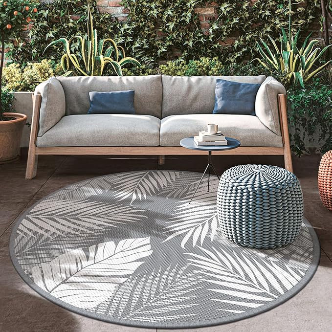 GENIMO Outdoor Rug 8' Round Waterproof for Patios Clearance, Reversible Outdoor Plastic Straw Camping Rug Carpet, Large Area Rugs Mats for RV, Camper, Deck, Balcony, Porch, Beach, Picnic, Grey&White-Ruum Studio Home