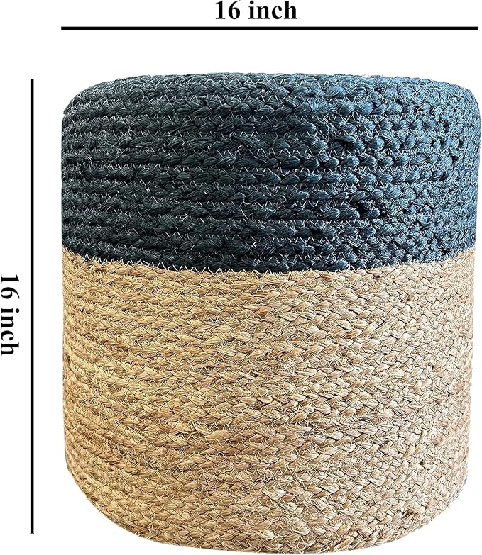 Jute Pouf Ottoman | Footrest Pouf | Hand Braided - Round Boho Pouffe - for Living Room, Bedroom, Nursery (16"x16"x16") Navy-Ruum Studio Home