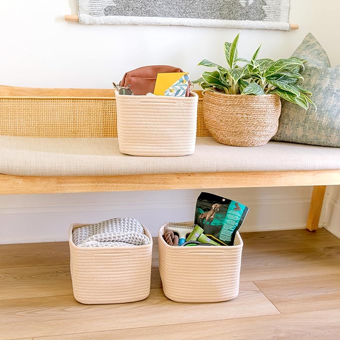 NaturalCozy Storage Cubes 9”x9”x7”Cotton Rope Woven Baskets for Organizing 3-Pack | 9 Inch Cube Storage Bin | Small Basket for Shelf Nursery, Pantry, Decorative Plant, Bathroom Closet, Toy Gift-Ruum Studio Home