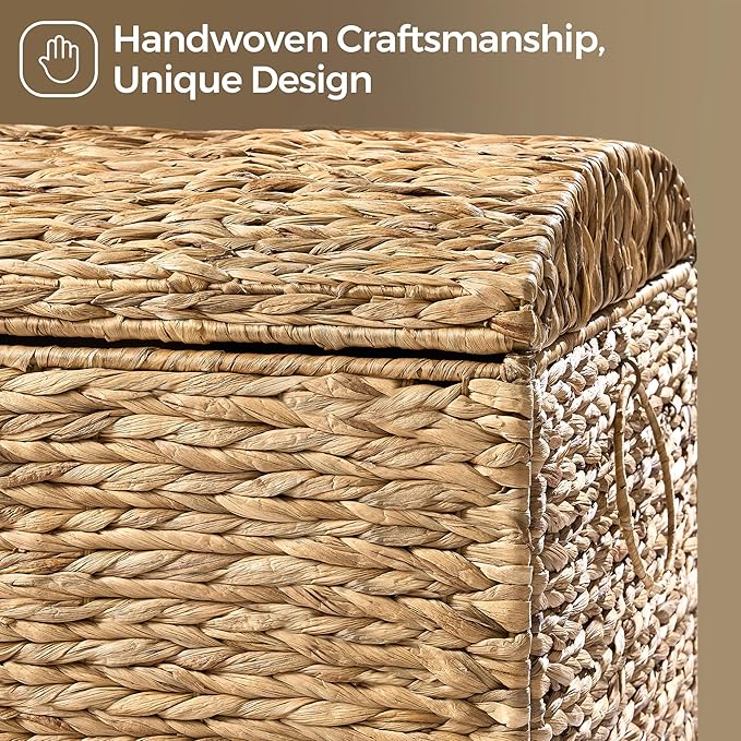 Handwoven Storage Basket with Lid, 178L Wicker Storage Bin, Natural Water Hyacinth, Leather Buckle & Metal Frame, Metal Ring Handles for Easy Transport, Storage Chest & Trunk for Bedroom, Living Room-Ruum Studio Home
