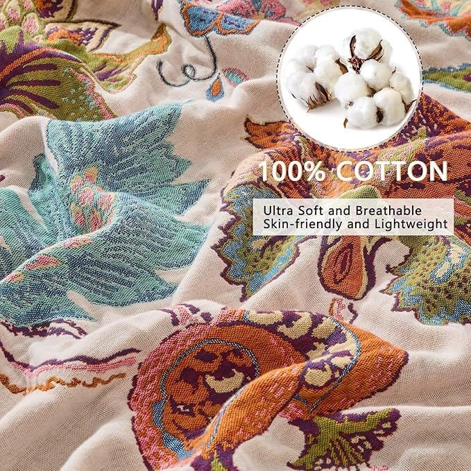 Boho Throw Blanket Reversible Muslin Bohemian Tapestry, Flower Decorated Bohemian Sofa Blanket, Lightweight Breathable 100% Cotton Throw Blanket, Chair Blanket, 50"x60"-Ruum Studio Home