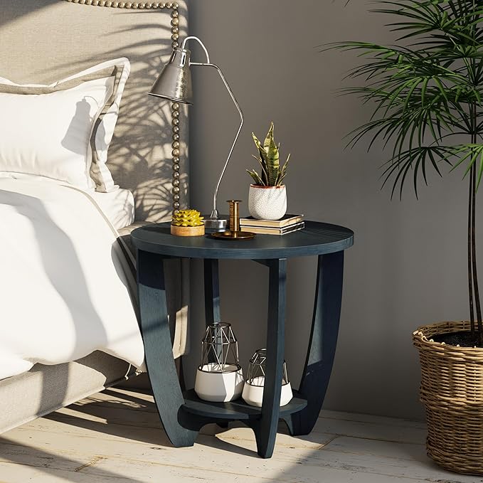 Rustic Farmhouse End Table with Storage Shelf, French Country Accent Side for Family, Dinning or Living Room, Small Spaces, Modern, Round, Vintage Blue Finish, Curved Leg-Ruum Studio Home