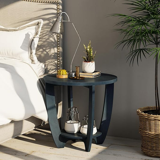 Rustic Farmhouse End Table with Storage Shelf, French Country Accent Side for Family, Dinning or Living Room, Small Spaces, Modern, Round, Vintage Blue Finish, Curved Leg-Ruum Studio Home