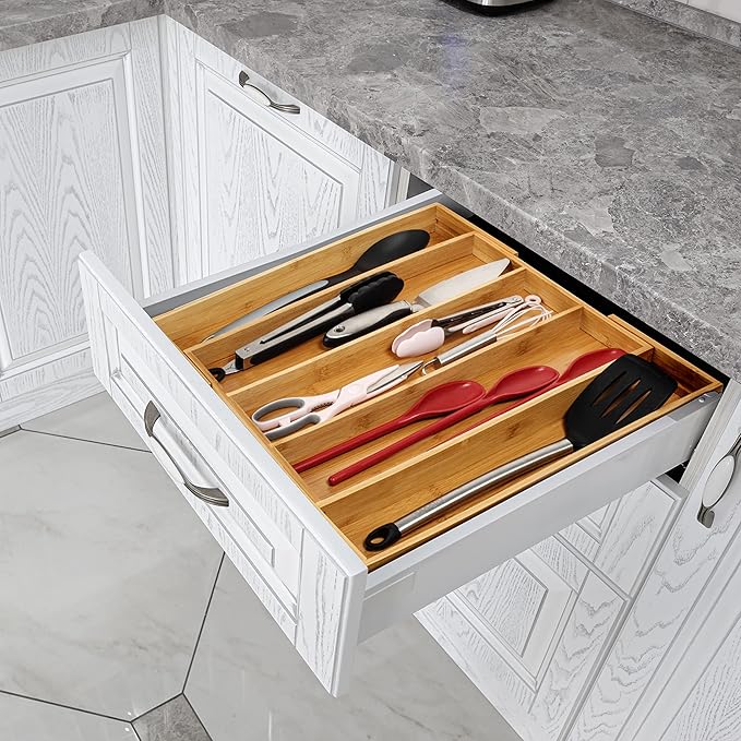 Purawood Kitchen Drawer Organizer, 2 Pack - Expandable Utensil Drawer Organizer for Kitchen, Cutlery Tray & Silverware Organizer, 3-5 Slots - Bamboo Organizer for Utensils & Flatware (Natural)-Ruum Studio Home