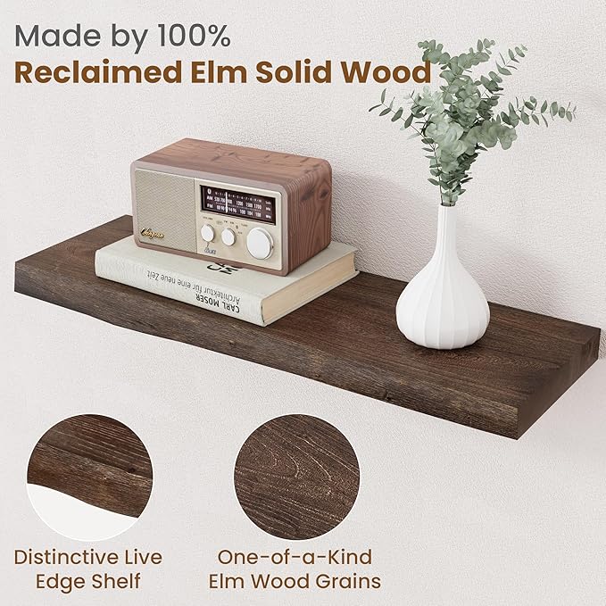 Floating Shelves for Wall Decor, Rustic Solid Elm Wood Live Edge Floating Shelves Wall Mounted, Wall Shelves with Invisible Bracket for Living Room Bathroom Bedroom Kitchen, 24 Inch Set of 2, Walnut-Ruum Studio Home