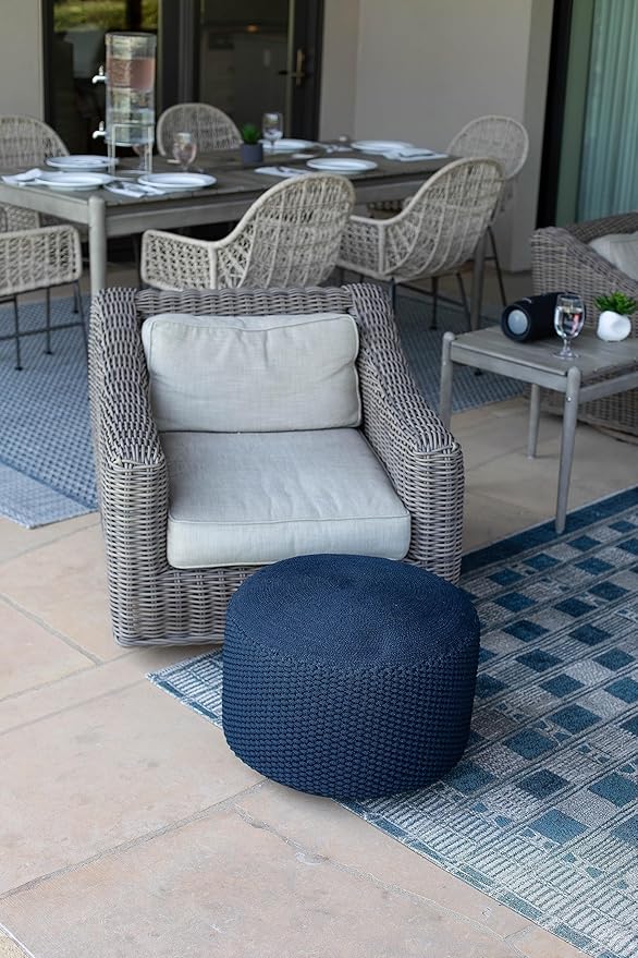 BIRDROCK HOME Outdoor Pouf Ottoman | Hand Woven Waterproof Foot Stool with Bead Bag Filling | Boho Foot Rest for Patio, Living Room, Porch & Outdoor Seating | Lightweight, Soft Stuffed Chair | Navy-Ruum Studio Home