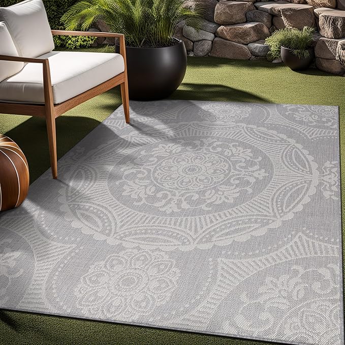 Medallion Outdoor Rug 8x10 Washable Outside Carpet for Indoor Patio Porch Waterproof Easy Cleaning Non Shedding Area Rugs Gray 8 x 10-Ruum Studio Home