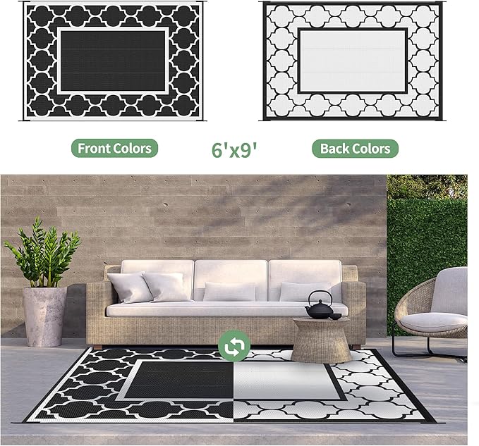 GENIMO 6' x 9' Outdoor Rug Waterproof for Patio Decor, Foldable Reversible Plastic Straw Area Rugs Mat for Camper, Morden Carpet for Outside, Rv, Deck, Porch, Picnic, Beach, Balcony, Black & White-Ruum Studio Home