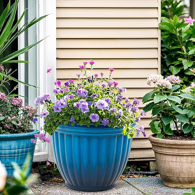 15" H Large Flower Pots, Set of 2 Plastic Planters for Outdoor Plants with Gradient Blue Finish and 3D Textures, Weather-Resistant for Porch, Garden, Patio or Indoor Use-Ruum Studio Home