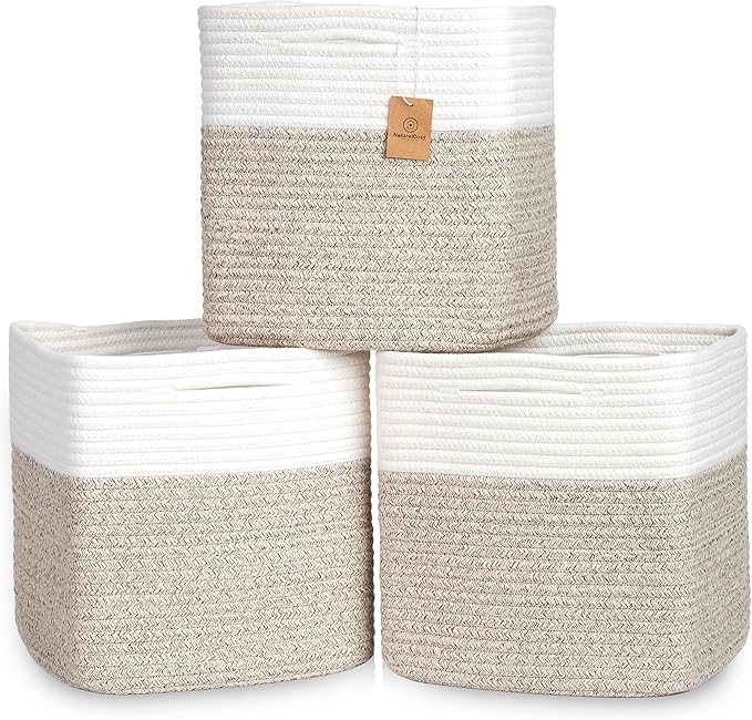 NaturalCozy 13 Inch Cube Storage Bins Cotton Rope Woven Baskets for Organizing 3-Pack | 13 x 13 Storage Cubes | Fabric Square Storage Baskets for Shelves Organizer, Kids Toy Bins, Closet Baby Nursery-Ruum Studio Home