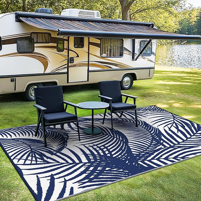 GENIMO Outdoor Rug 5' x 8' Waterproof for Patio Clearance, Reversible Plastic Straw Camping Carpet, Lightweight Mats for Rv, Backyard, Deck, Porch, Picnic, Beach, Balcony, Blue & White-Ruum Studio Home