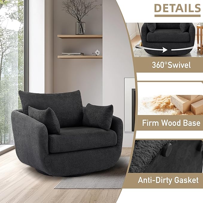 360° Swivel Accent Armchair, 39.3" Oversized, Sherpa Boucle Fabric Sofa Chair with Removable Back & Arm Pillows, Swivel Chair with Cozy Soft Padded, No Assembly Required (1, Dark Gray)-Ruum Studio Home