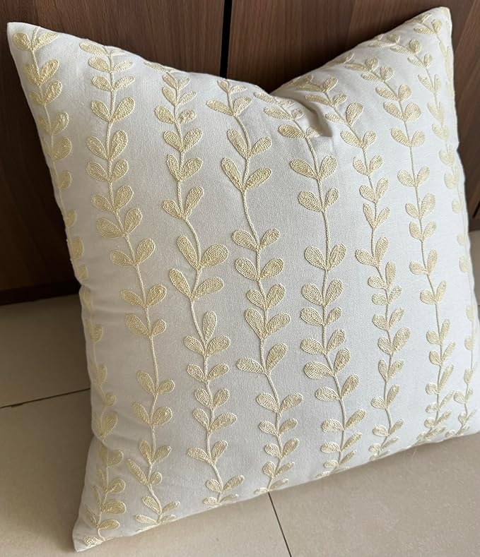 VAGMINE Embroidered Floating Leaves Throw Pillow Cover - 18x18 Inches Square - 100% Cotton Ivory Decorative Cushion Cover - Timeless Nature-Inspired Accent for Sofa, Couch & Modern Decor - Cream-Ruum Studio Home