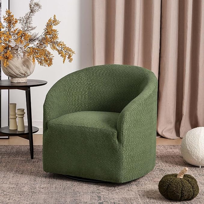 KINWELL 32" Wide Modern Boucle Swivel Barrel Chair, No Assembly Round Upholstered Swivel Accent Armchair for Living Room, Bedroom, Office (Green)-Ruum Studio Home