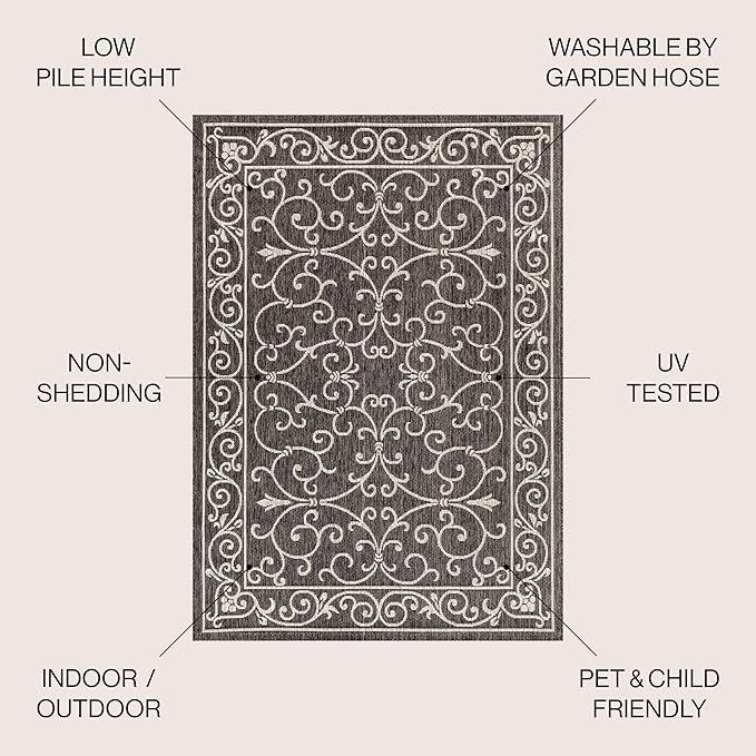 JONATHAN Y Vintage Filigree Indoor Outdoor Round Area Rug 8 Ft Black/Gray, Charleston Textured Weave for Backyard, Patio, Porch, Easy-Cleaning, High Traffic, Pet-Friendly, Non-Shedding (SMB106G-8R)-Ruum Studio Home