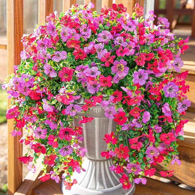 Artificial Faux Hanging Flowers Plants for Outdoor Decor, 2 PCS Outside Fake Silk Violets with Eucalyptus UV Resistant Realistic Daisy Trailing Vines for Planter Balcony Porch Patio Yard, Purplepink-Ruum Studio Home