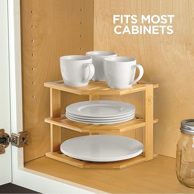 2-Pack Plate Organizer for Cabinet - Bamboo Corner Shelf for Kitchen or Bathroom Storage, Space-Saving Rack for Dishes, Countertop, Cabinet, Pantry - Organization & Housewarming Gift-Ruum Studio Home
