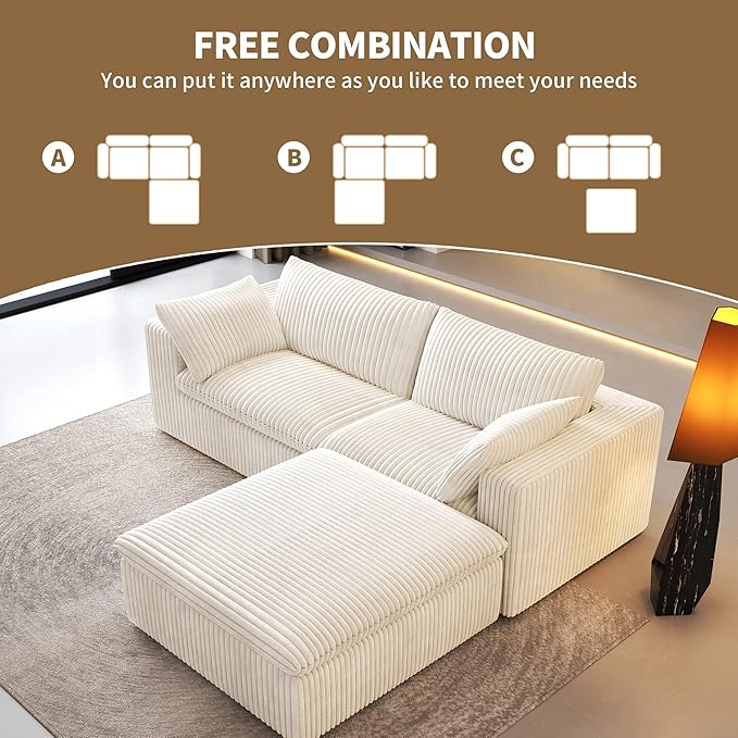 78.74" L Shaped Modern Sofa Modular Sectional Cloud Couch with Ottoman,Upholstered Couches with Plush Corduroy Fabric for Living Room Furniture,Bedroom and Apartment,No Assembly Required,White-Ruum Studio Home