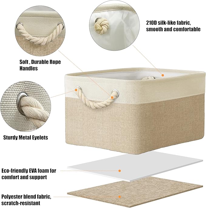 SIMPLE HOUSEWARE Large Fabric Storage Bin, 15.7" x 12" with Braided Handles, 3 Pack, Beige-Ruum Studio Home