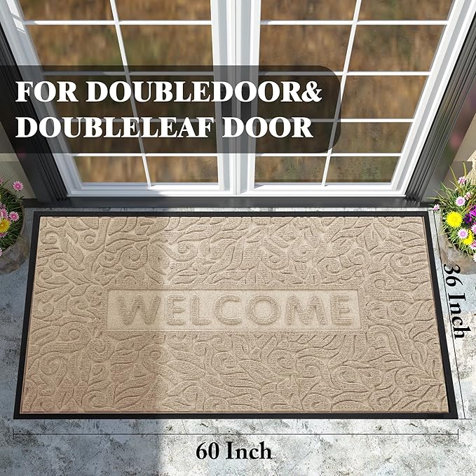 Yimobra Welcome Front Door Mat Outdoor, Heavy Duty Sturdy Non Slip Doormats, Rubber Backing, Low-Profile Entrance Rugs, Absorbent Resist Dirt, Easy Clean Patio Garage Floor Mats, 60X36 Inch, Beige-Ruum Studio Home