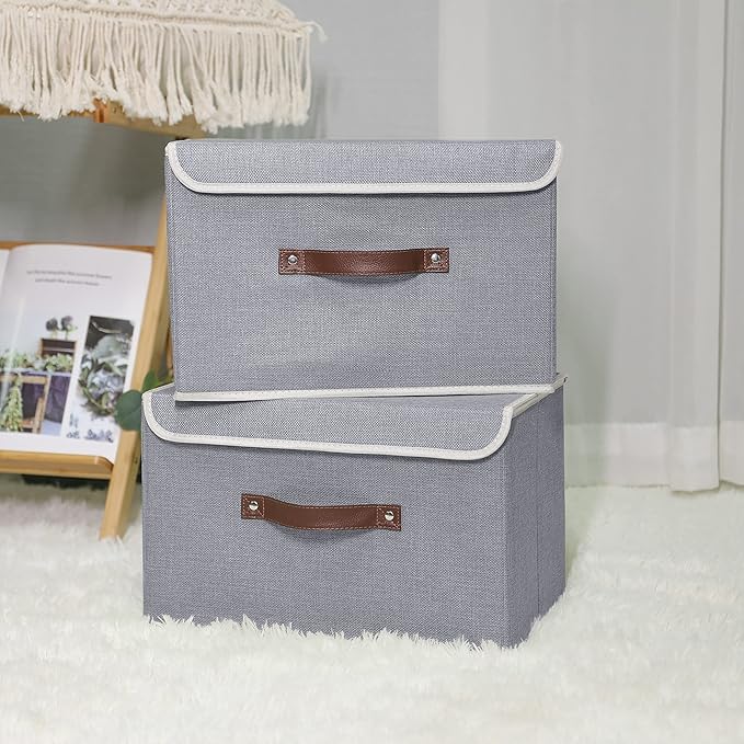 ANMINY 2PCS Storage Bins with Lid PU Leather Handles Storage Boxes PP Plastic Board Decorative Foldable Lidded Cotton Linen Fabric Home Cubes Baskets Closet Organizer Containers - Gray, Large Size-Ruum Studio Home
