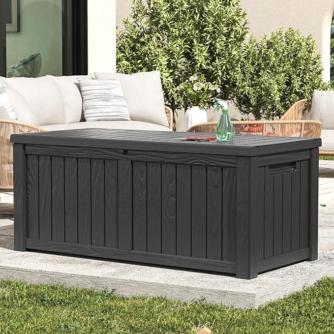 Deck Box, 120 Gallon Outdoor Storage Box Lockable Patio Waterproof for Furniture, Garden Tools, Sports Equipment and Pool Supplies, Waterproof, Resin, Lockable-Ruum Studio Home