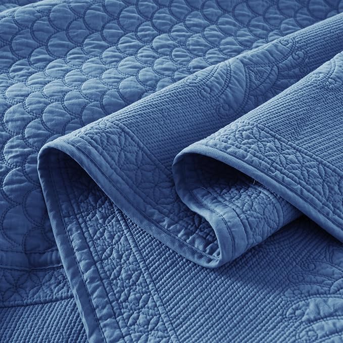 MarCielo 3-Piece 100% Cotton Oversized Bedspread Lightweight Quilt Coverlet Embroidery Farmhouse Bedding Set (TM Midtone Blue, Oversized King (118"x106"))-Ruum Studio Home