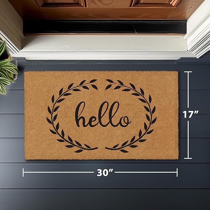 Barnyard Designs Natural Coco Coir Heavy Duty Backing Doormat - Large Cute Non-Slip Front Door Welcome Mat for Outside Entrance or Porch Entry, Brown (17x30, Hello Wreath)-Ruum Studio Home