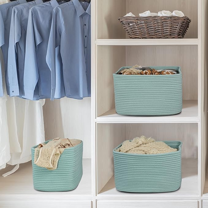 Cotton Rope storage Basket Bins Woven Basket for Organizing Shelves Rectangle Decorative Baskets For storage Clothes Toys Books Towels Square Wicker Nursery basket organizer 3 pack Green-Ruum Studio Home