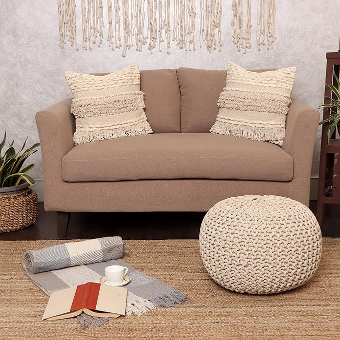 REDEARTH Round Pouf Ottoman –18"x18"x14" Hand-Knitted Cotton Pouffe –Cable Footstool –Boho Dori Hassock –Pre-Stuffed Poof – Extra Seat -Poofy Footrest for Living Room, Bedroom, Nursery, Nook –Ivory-Ruum Studio Home