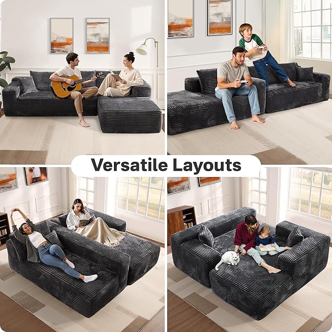 106" Cloud Sectional Couches for Living Room,Plush Corduroy Boneless Couch with Comfy Chaise,L Shaped Sofa in A Box No Assembly Require,Grey-Ruum Studio Home